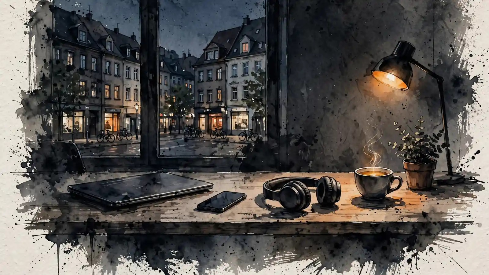 Abendlicher Schreibtisch mit Laptop und Smartphone in modernem deutschen Home-Office.