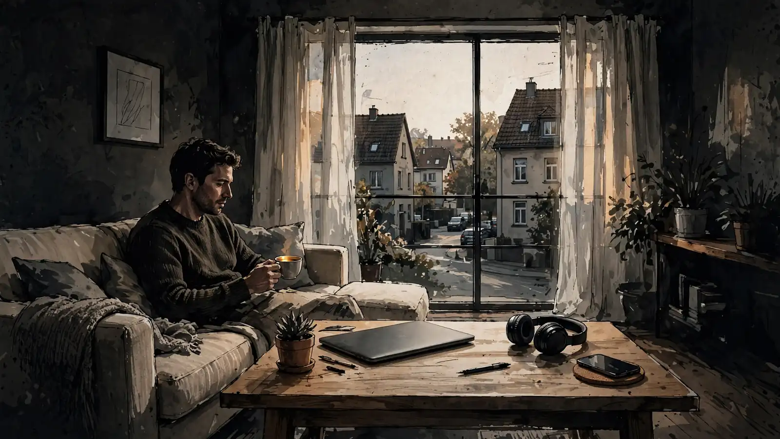 Gemütliches Wohnzimmer mit Person auf dem Sofa, zugeklapptem Laptop und Smartphone auf dem Tisch