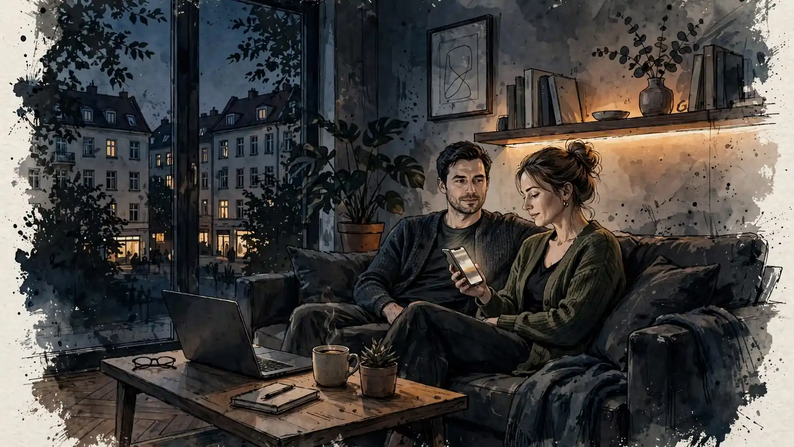 Gemütliches Wohnzimmer in Berlin mit entspanntem Paar abends.