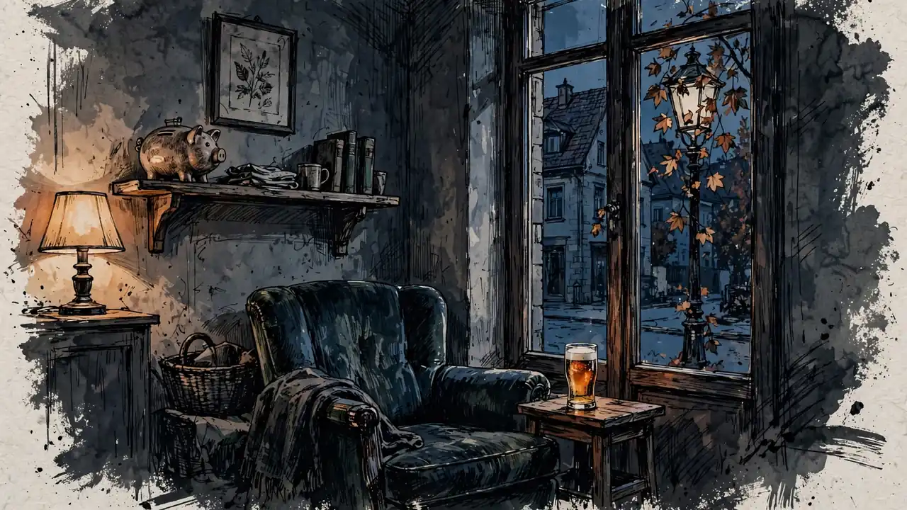 Gemütliches deutsches Wohnzimmer mit Sessel, Bierglas und Sparschwein im warmen Abendlicht.