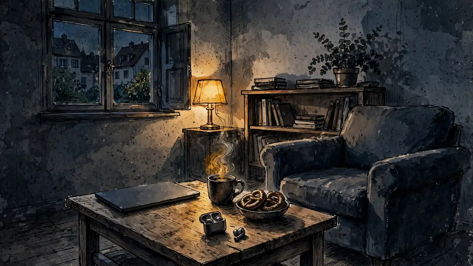 Gemütliches deutsches Wohnzimmer mit Laptop auf dem Couchtisch bei warmem Licht.