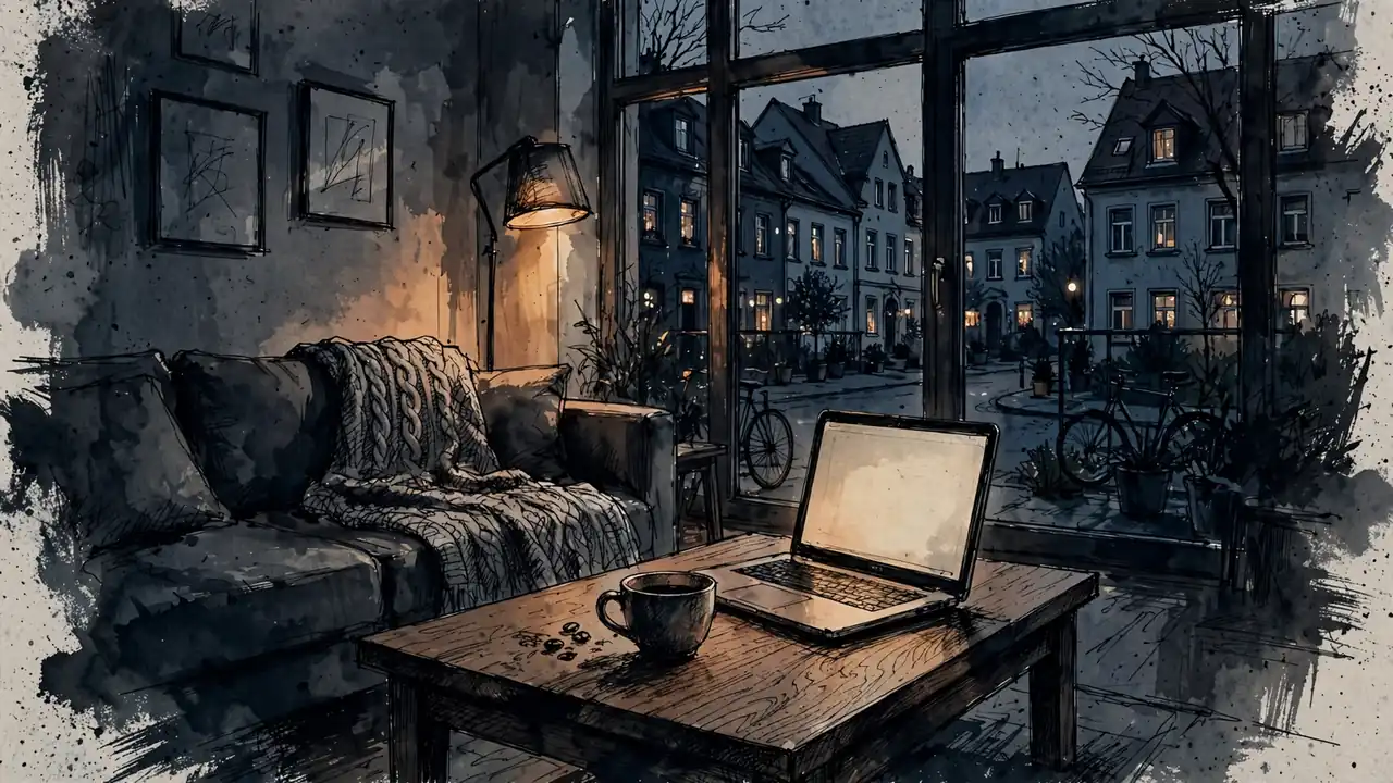 Modernes deutsches Wohnzimmer am Abend mit Laptop auf dem Couchtisch