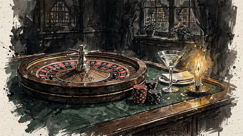 Roulette-Tisch mit Chips und Kerze in eleganter Casino-Lounge