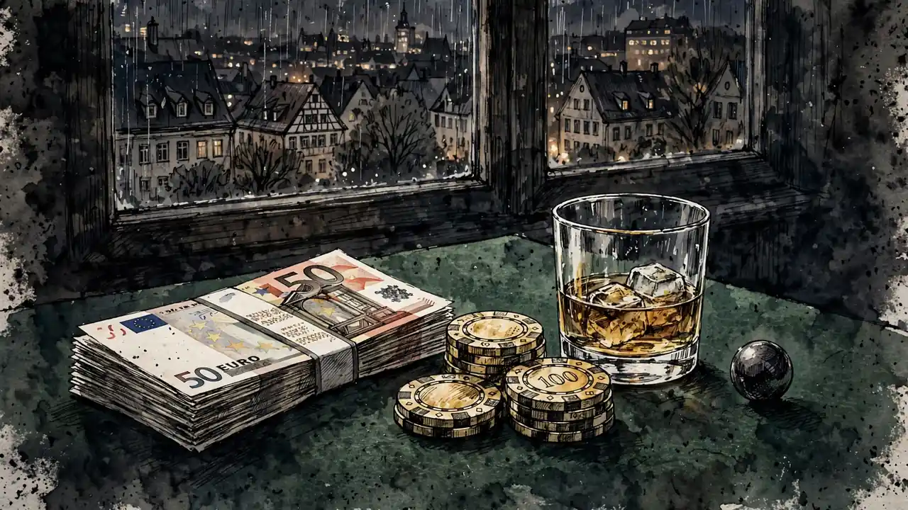 Euro-Scheine und Casino-Chips auf einem Filz-Tisch, Roulette-Kugel und Stadtblick bei Abendlicht.