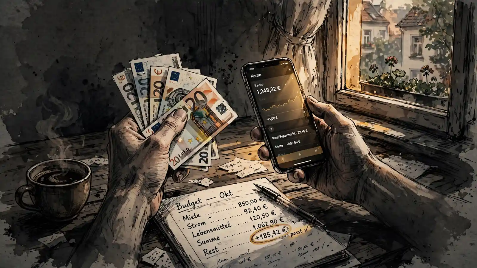 Hände mit Smartphone und Euro-Scheinen am Schreibtisch