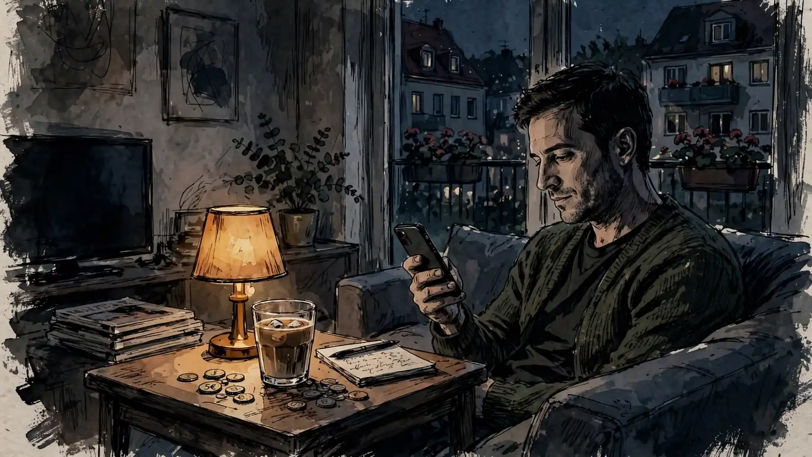 Person auf dem Sofa mit Smartphone bei warmem Licht, Notizbuch und Münzen auf dem Tisch.