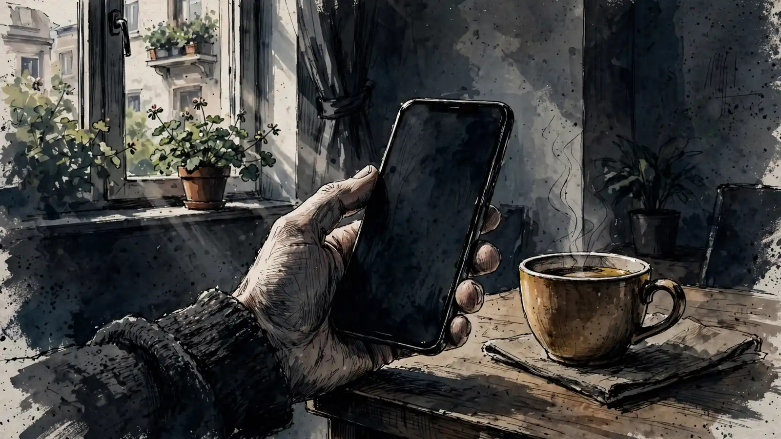 Hand hält Smartphone auf Holztisch, bereit zum sofortigen Spielen.